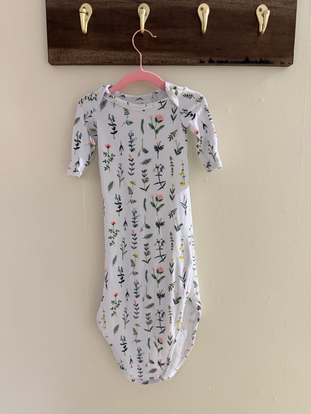 Caden Lane White Baby Gown with Green and Pink Floral Details